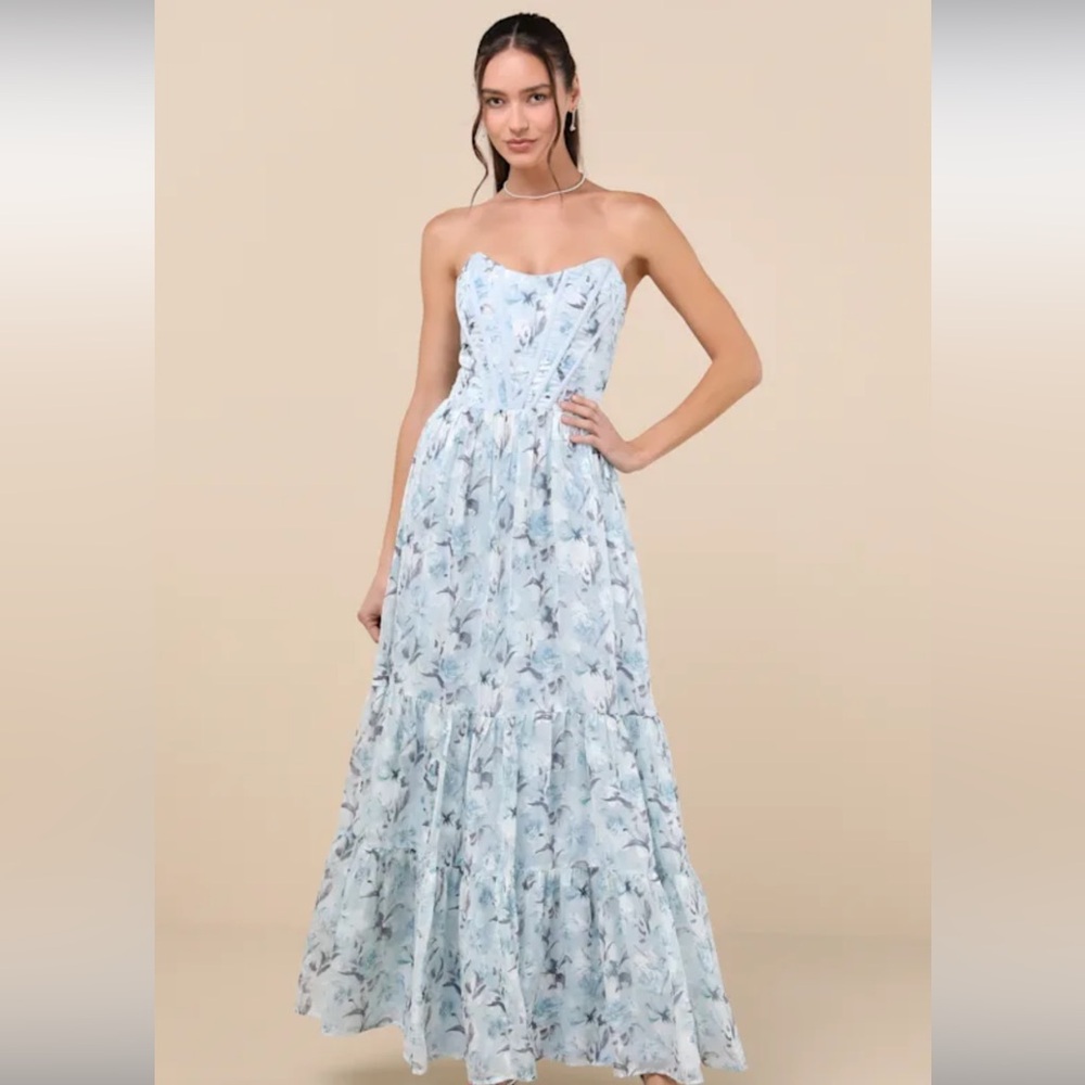 LULUS Special Moment Light Blue Floral Strapless Bustier Maxi Dress